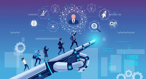 Robotic Hand Pointing with Tech Icons and People Illustrazione stock