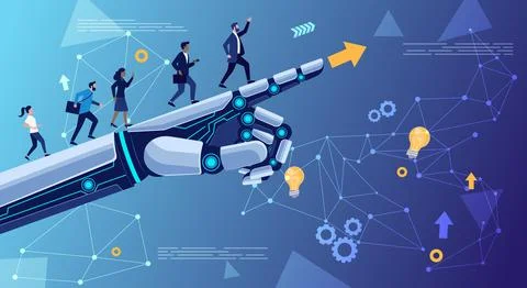 Robotic Hand Pointing with Tech Icons and People Illustrazione stock