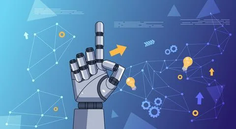 Robotic Hand Pointing with Tech Icons in Background Illustrazione stock