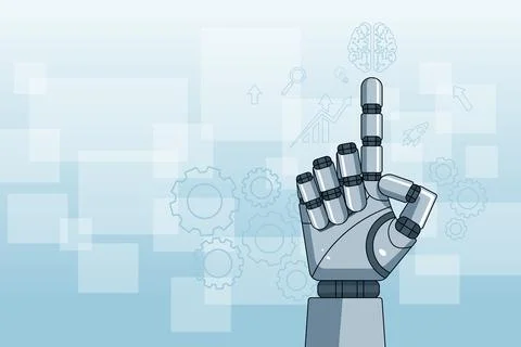 Robotic Hand Pointing with Tech Icons in Background 스톡 일러스트
