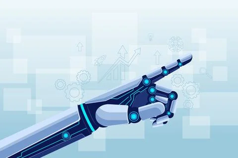 Robotic Hand Pointing with Tech Icons in Background Illustrazione stock