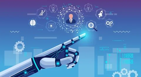 Robotic Hand Pointing with Tech Icons in Background Illustrazione stock