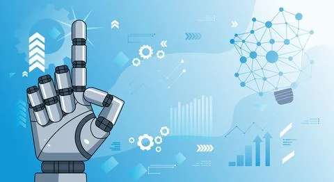 Robotic Hand Pointing with Tech Icons in Background Stock Illustration