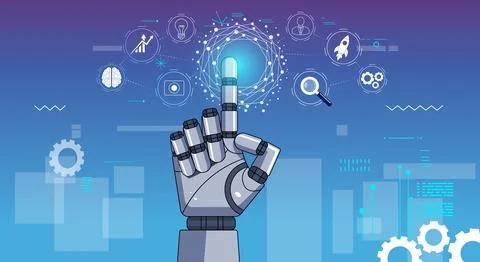 Robotic Hand Pointing with Tech Icons in Background Stock Illustration