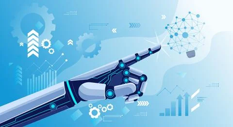 Robotic Hand Pointing with Tech Icons in Background Stock Illustration