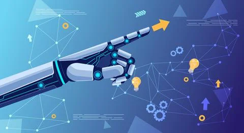 Robotic Hand Pointing with Tech Icons in Background Stock Illustration