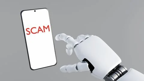A robotic hand pointing toward a smartphone displaying the word "scam". 스톡 일러스트