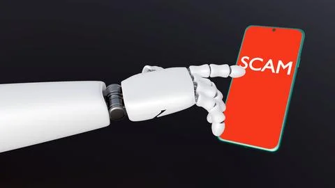 A robotic hand pointing toward a smartphone displaying the word "scam". 스톡 일러스트