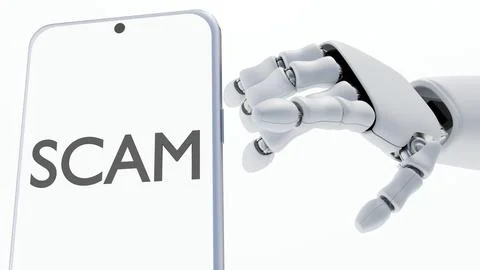 A robotic hand pointing toward a smartphone displaying the word "scam". 스톡 일러스트