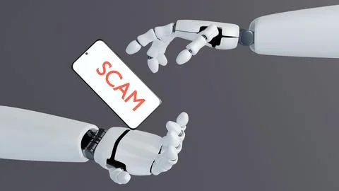 A robotic hand pointing toward a smartphone displaying the word "scam". 스톡 일러스트