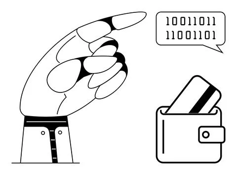 Robotic hand pointing towards a wallet containing a card with binary code in  Stockillustratie