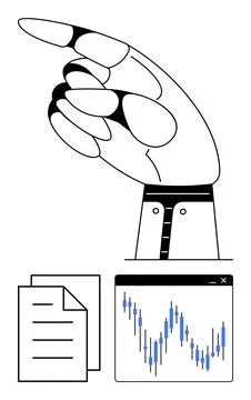 Robotic hand pointing upwards, adjacent to two documents and a financial char Illustrazione stock