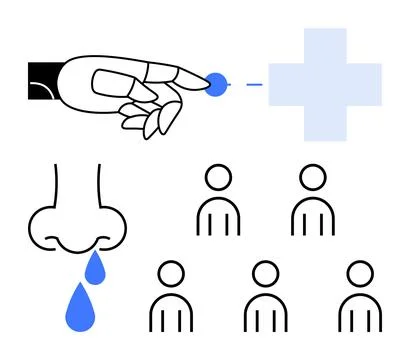 Robotic Hand Points at Blue Cross, Nose Drips with Tear, Six Simplified Peo.. Stock Illustration
