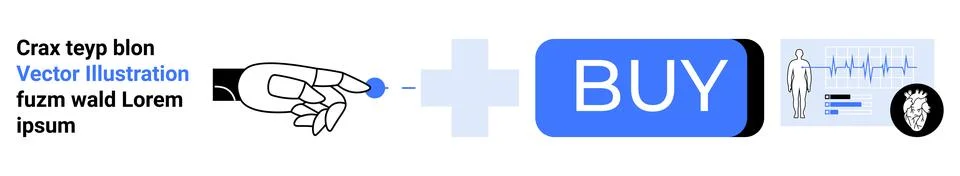 A robotic hand points to a BUY button, plus sign, male body scan, and health  Stock Illustration