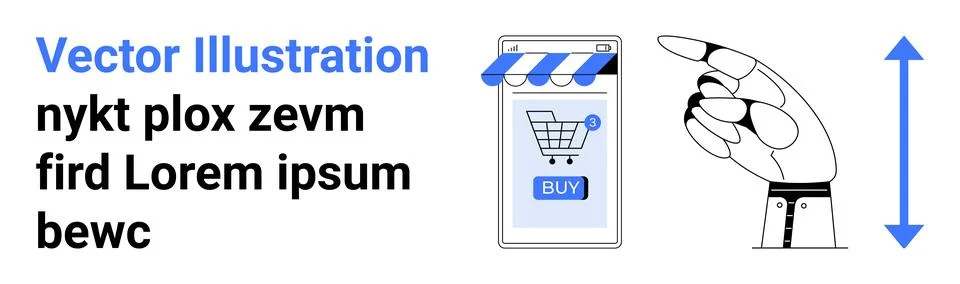 Robotic hand points towards smartphone screen with shopping cart icon and BUY Stock Illustration