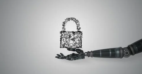 Robotic hand presenting digital cloud data security Stock Photos