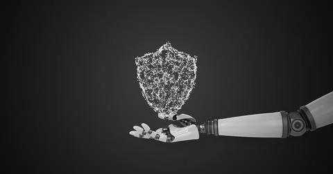 Robotic hand presenting digital cloud data security Stock Photos