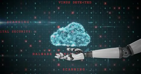 Robotic hand presenting digital cloud data security 스톡 사진