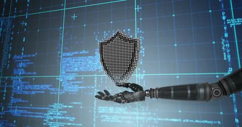 Robotic hand presenting digital cloud data security Stock Photos