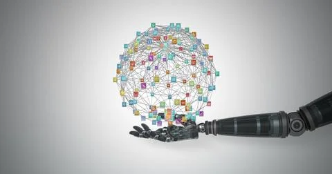 Robotic hand presenting digitally generated icons Stock Photos