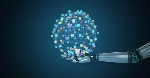 Robotic hand presenting digitally generated icons Stock Photos