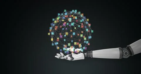 Robotic hand presenting digitally generated icons Stock Photos