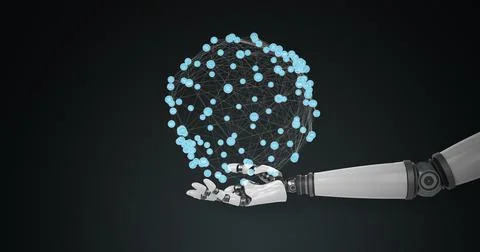 Robotic hand presenting polygon structure against black background Stock Photos