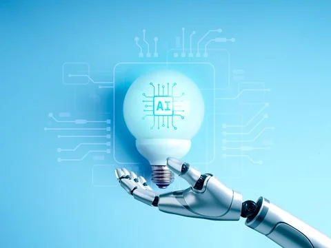 Robotic hand presents an AI light bulb surrounded by digital circuits on bl.. Stock-Fotos