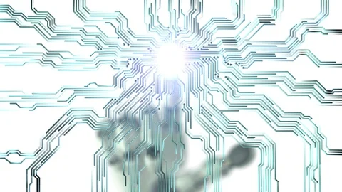 Robotic Hand Presses on the Screen and Makes Electronic Scheme Stock Footage 93241676