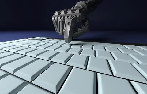 Robotic Hand Pressing Enter Key On Keyboard. 3d rendering. working with com.. Stock Photos