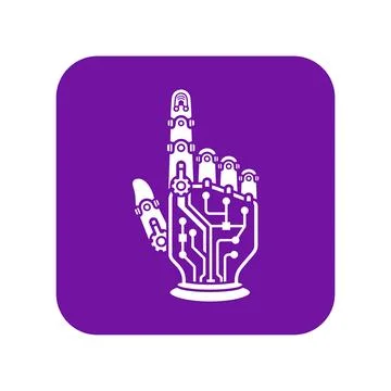 Robotic hand purple icon featuring circuit board components. Illustrazione stock