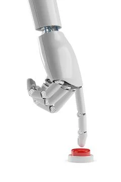 Robotic hand pushing a red button isolated on white background. 3d illustra.. Stock Photos