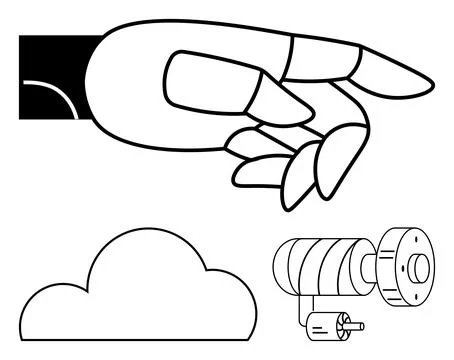 Robotic hand reaching forward, cloud icon below, and cylindrical camera on th Stock Illustration