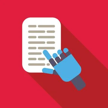 Robotic hand reading electronic document on red background Illustrazione stock