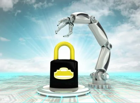 Robotic hand secure inventios in futuristic industry with cloudy sky Stockillustratie