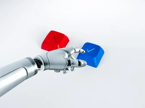 Robotic hand selecting a checkmark over a cross symbol. AI decision making,.. Stock Photos