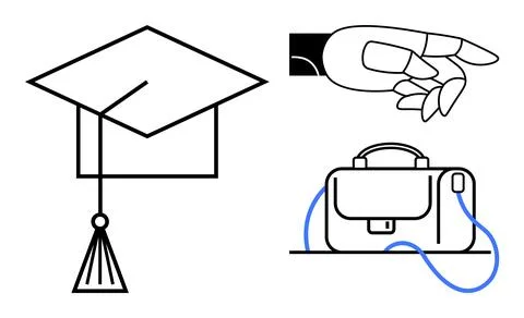 Robotic hand selecting a graduation cap and briefcase, symbolizing the inters Stock Illustration