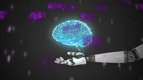 Robotic hand stabilizing activating holographic brain pulsing as purple grids Stock Footage 334337859