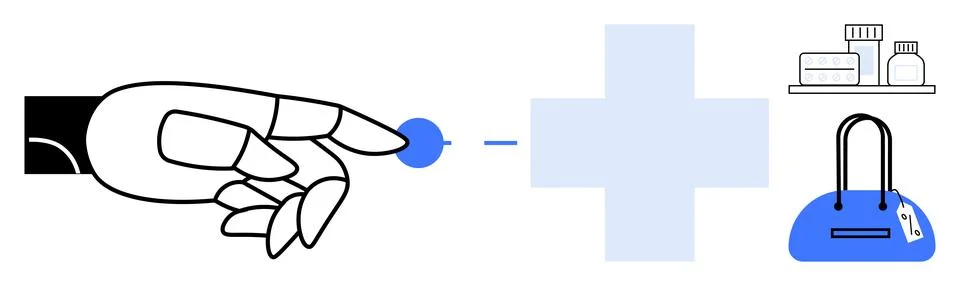 Robotic hand with tech symbol pointing towards healthcare and lifestyle ite.. Illustrazione stock
