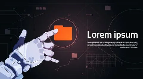 Robotic Hand Touch File Folder Button On Digital Screen Banner With Copy Space Stock Illustration