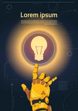 Robotic Hand Touch Light Bulb Button On Digital Screen Banner With Copy Space Stock Illustration