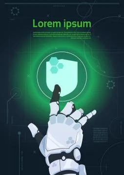 Robotic Hand Touch Shield Button On Digital Monitor Web Security And Protection Stock Illustration