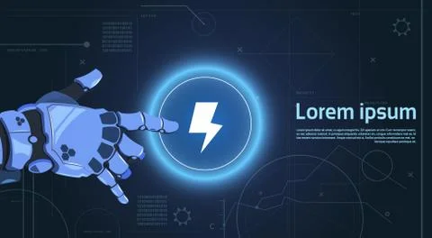 Robotic Hand Touch Web Button Lightning On Digital Screen Banner With Copy Space Stock Illustration