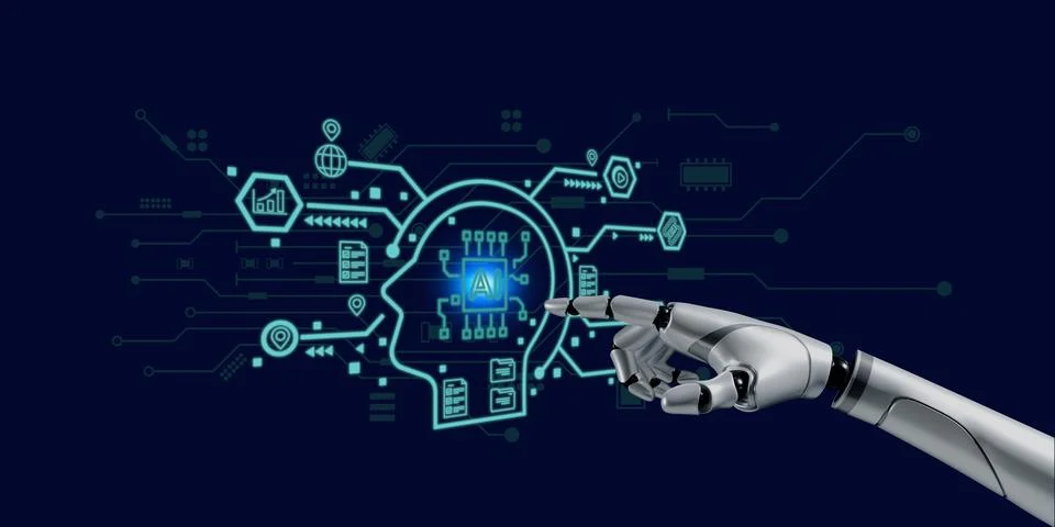 Robotic hand  touching AI technology  chat  e learning world wild , e learn.. Stock Illustration