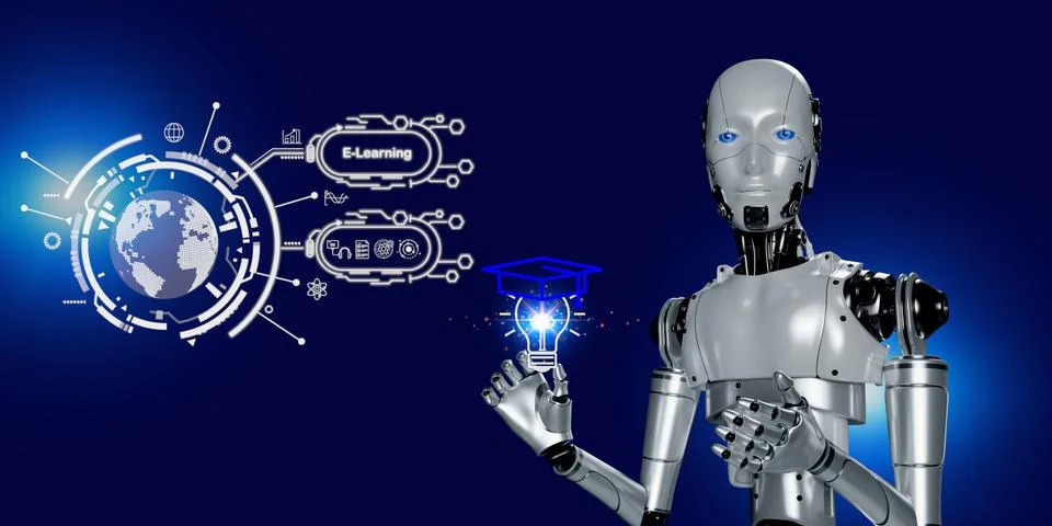Robotic hand  touching AI technology  chat  e learning world wild , e learn.. Stock Illustration