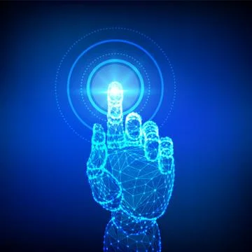 Robotic hand touching digital interface. Virtual reality. Touch the future lo Illustrazione stock