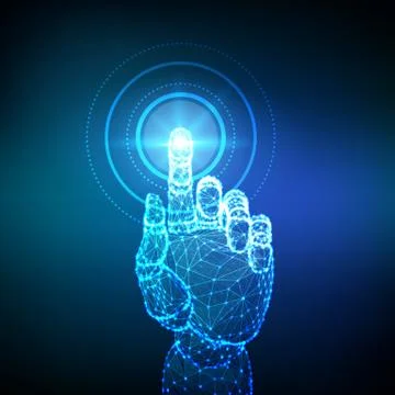 Robotic hand touching digital interface. Virtual reality. Touch the future lo Stock Illustration