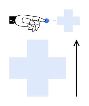 Robotic hand touching digital interface with blue cross and arrow. Ideal for  库存插图