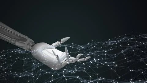 Robotic hand touching a flying network dot Stock Illustration