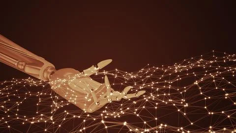 Robotic hand touching a flying network dot Stock Illustration